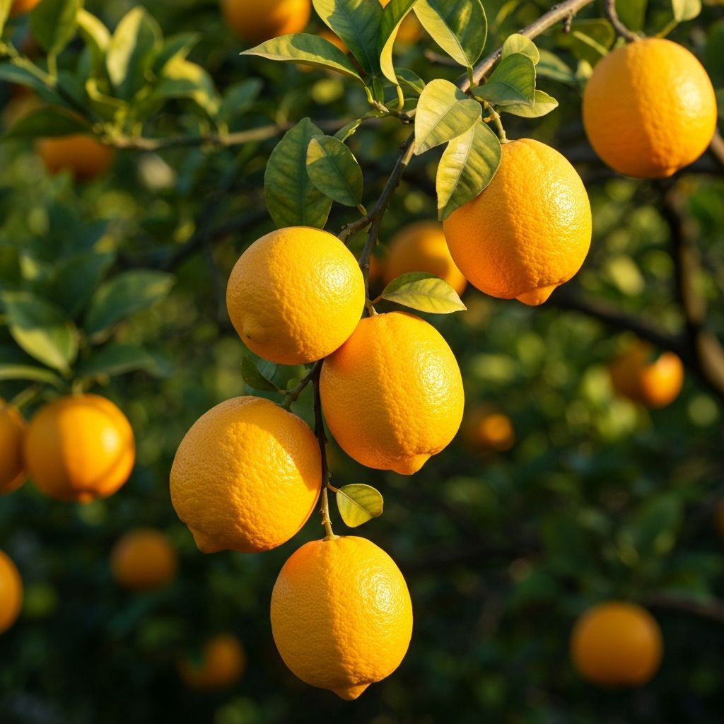 Sun-ripened citrus fruits on tree